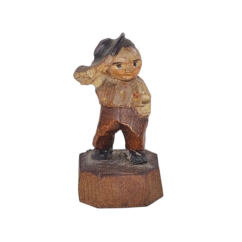 Vintage Miniature Hand Carved Wooden Figurine Man Boy Saluting Anri?